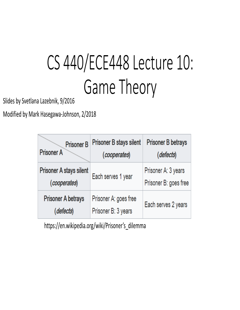 CS 440/ECE448 Lecture 10: Game Theory Slides by Svetlana Lazebnik, 9/2016 Modified by Mark Hasegawa‐Johnson, 2/2018