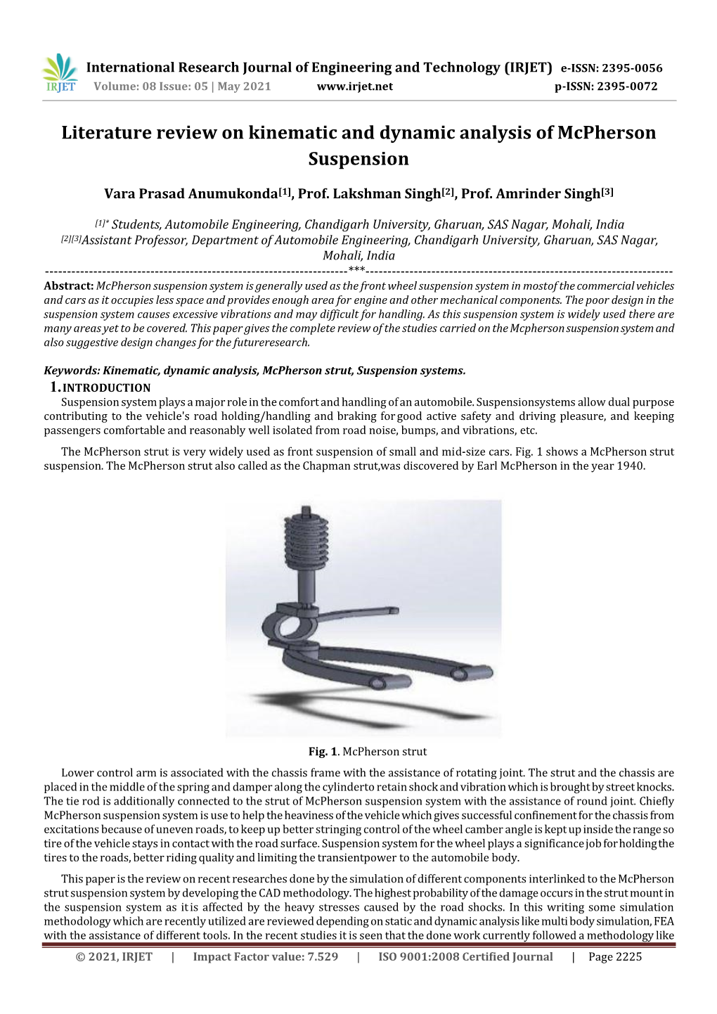 Literature Review on Kinematic and Dynamic Analysis of Mcpherson Suspension