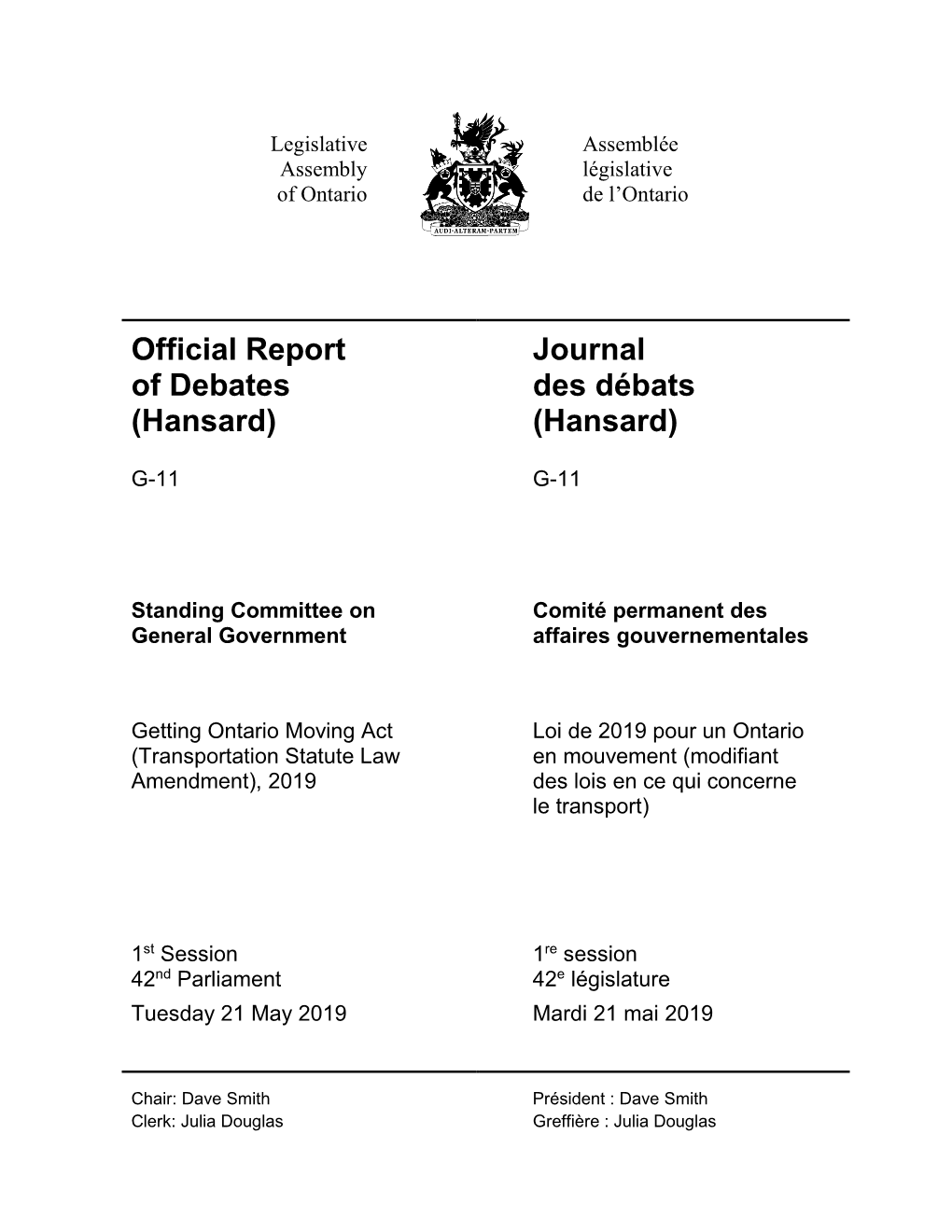 Official Report of Debates (Hansard) Journal Des Débats