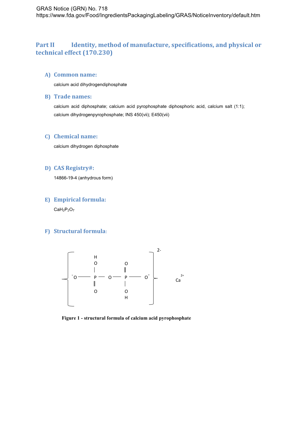 GRAS Notice (GRN) No. 718, Calcium Acid Pyrophosphate