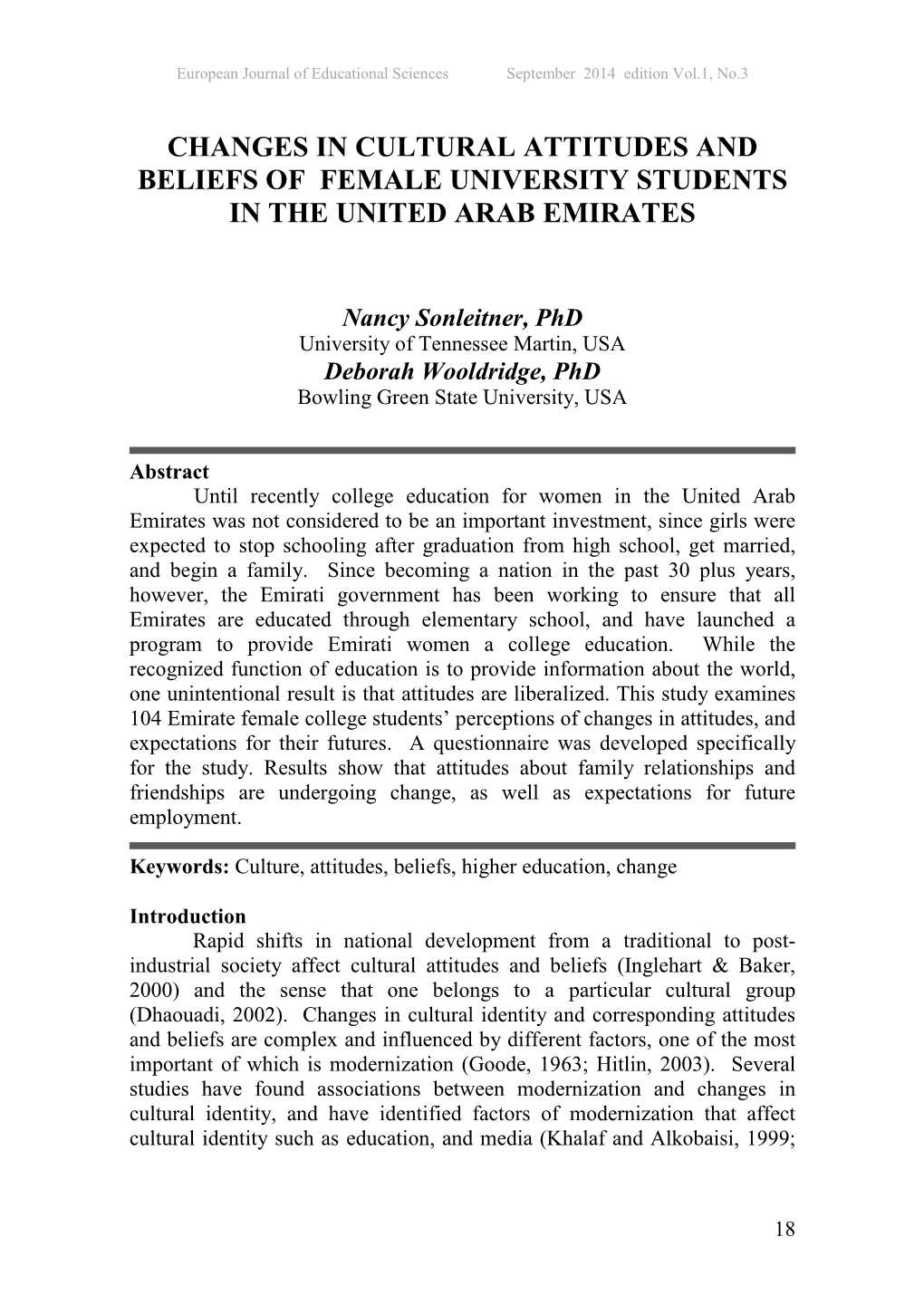 Changes in Cultural Attitudes and Beliefs of Female University Students in the United Arab Emirates
