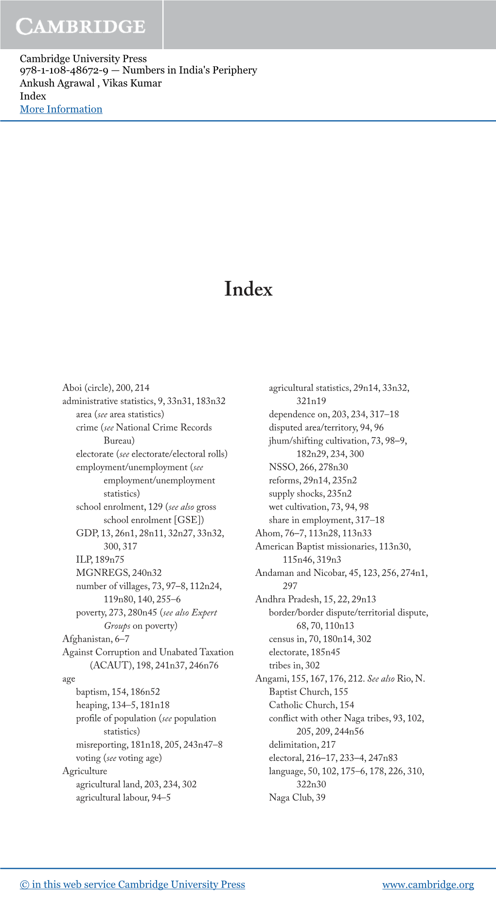Cambridge University Press 978-1-108-48672-9 — Numbers in India's Periphery Ankush Agrawal , Vikas Kumar Index More Information