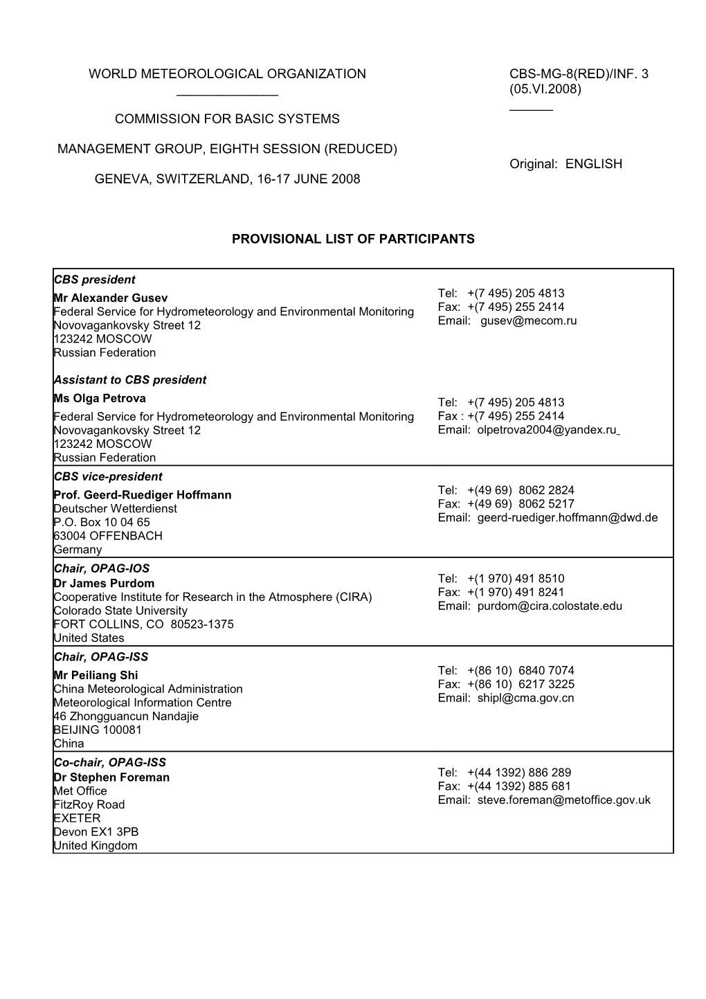 Provisional List of Participants