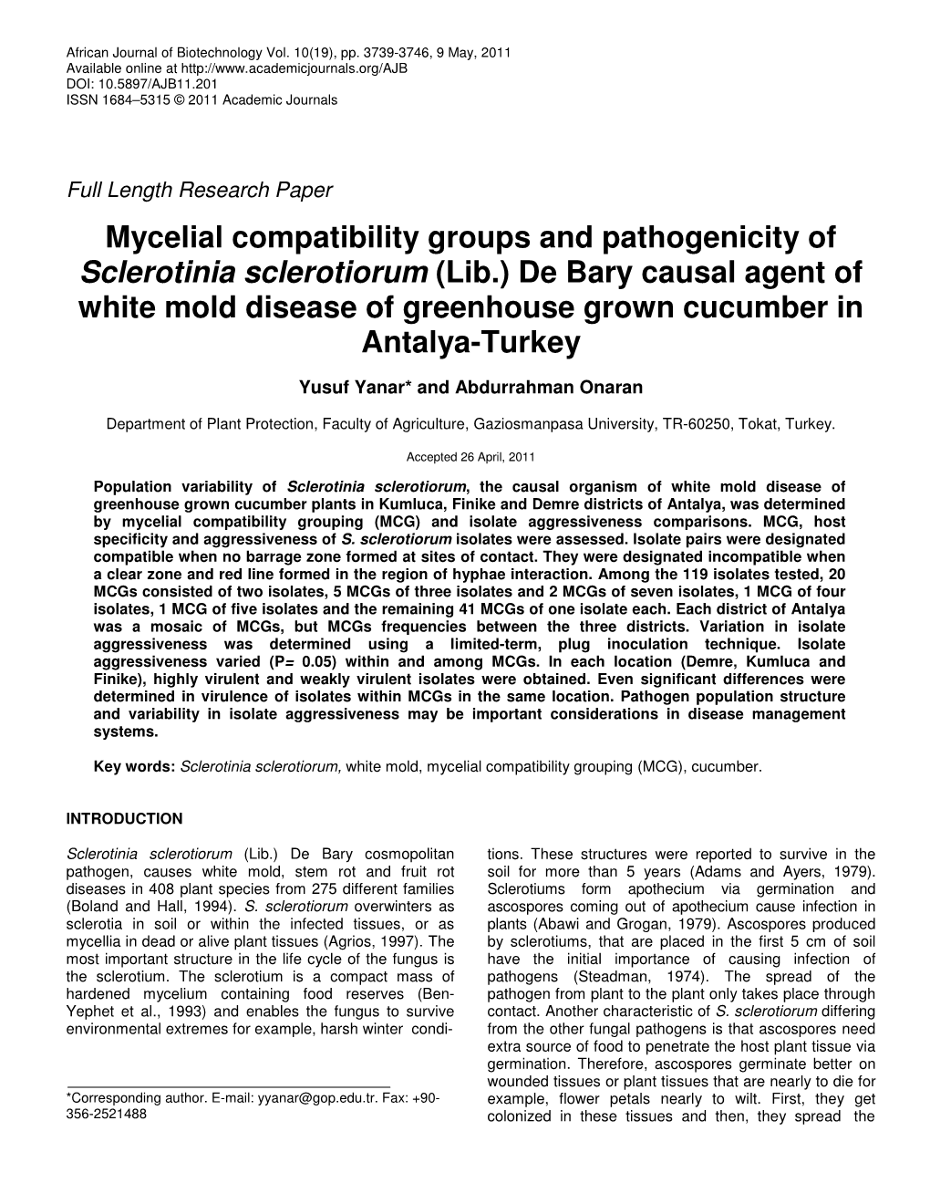 Mycelial Compatibility Groups and Pathogenicity of Sclerotinia