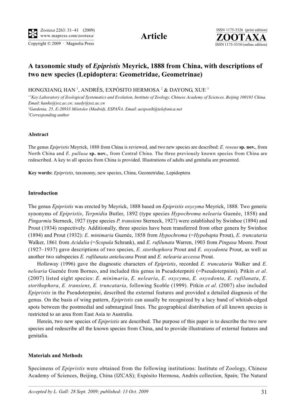 Zootaxa, a Taxonomic Study of Epipristis Meyrick