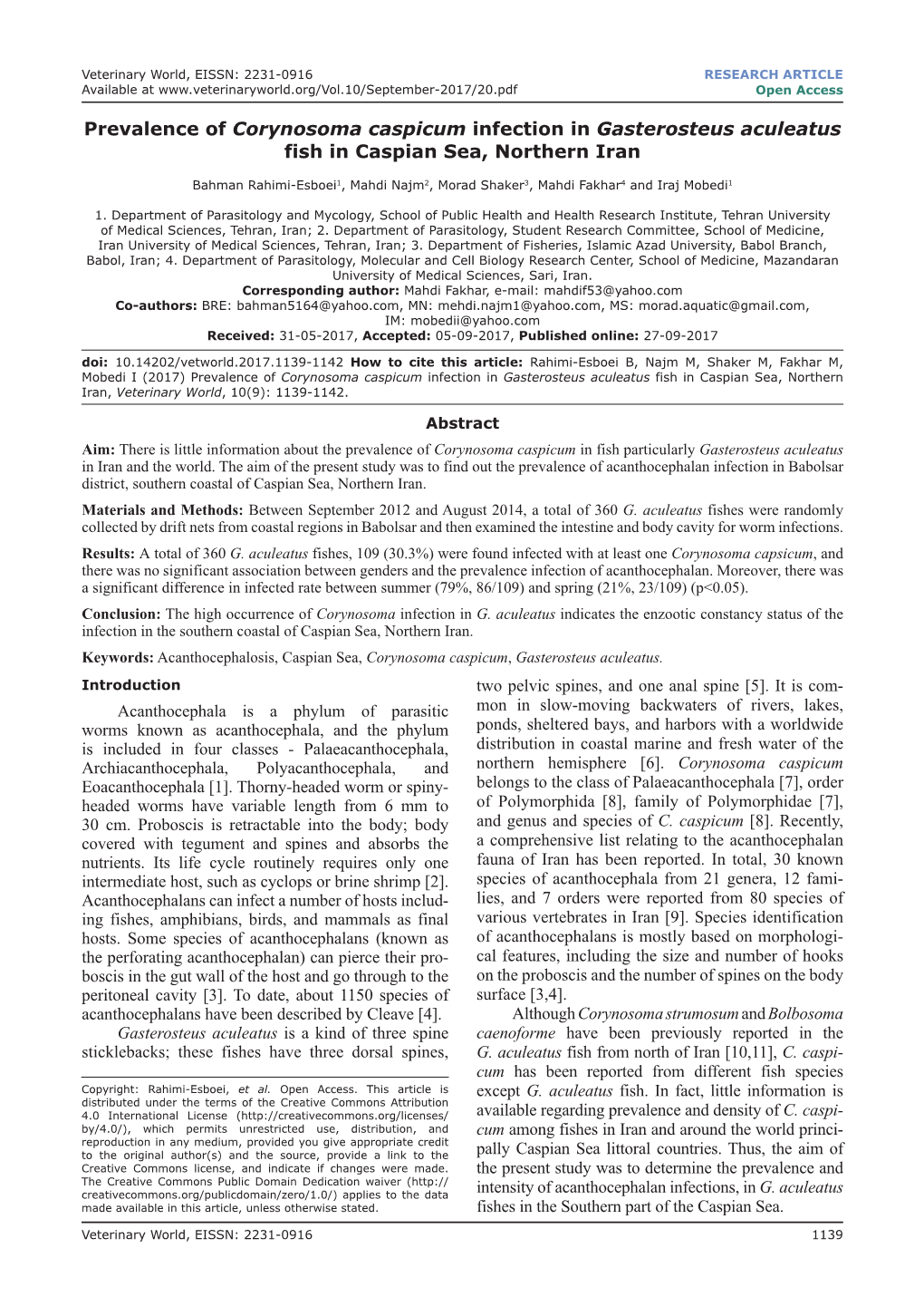 Prevalence of Corynosoma Caspicum Infection in Gasterosteus Aculeatus Fish in Caspian Sea, Northern Iran