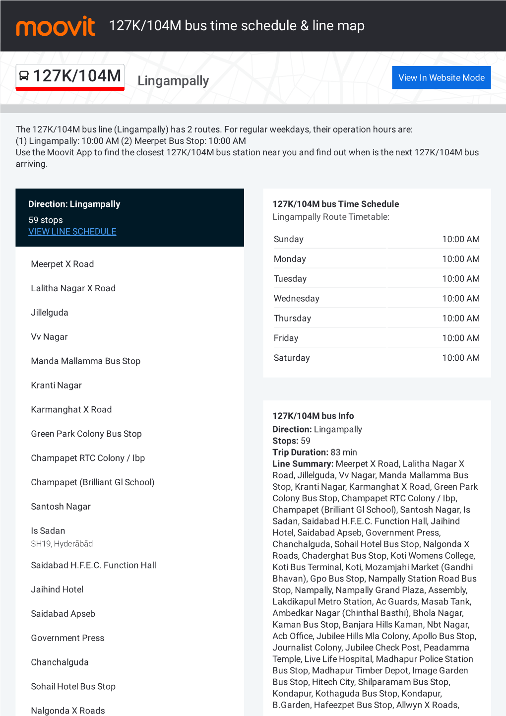 127K/104M Bus Time Schedule & Line Route