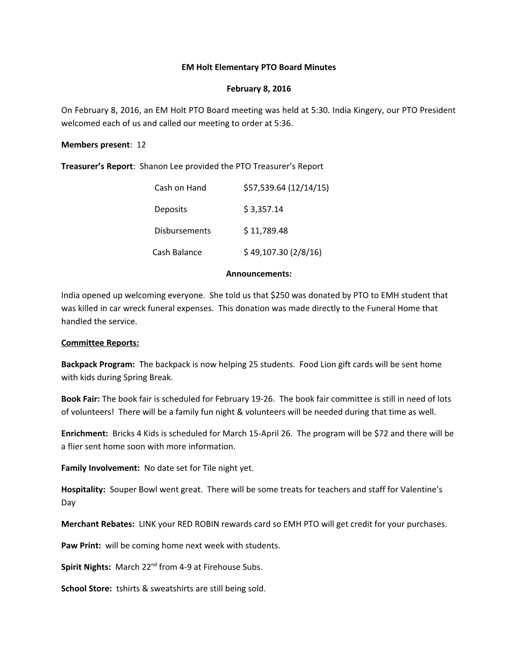 EM Holt Elementary PTO Board Minutes