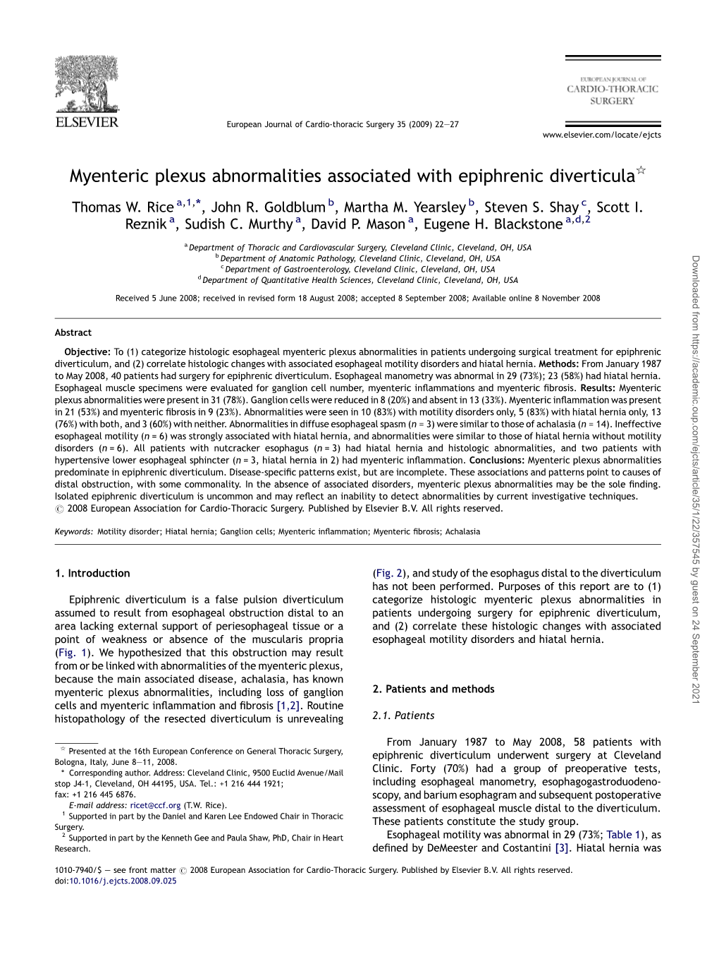 Myenteric Plexus Abnormalities Associated with Epiphrenic Diverticula§