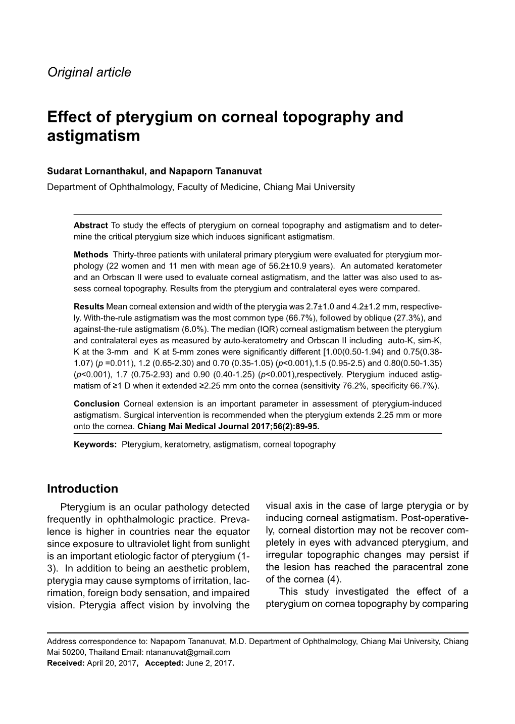 Effect of Pterygium on Corneal Topography and Astigmatism