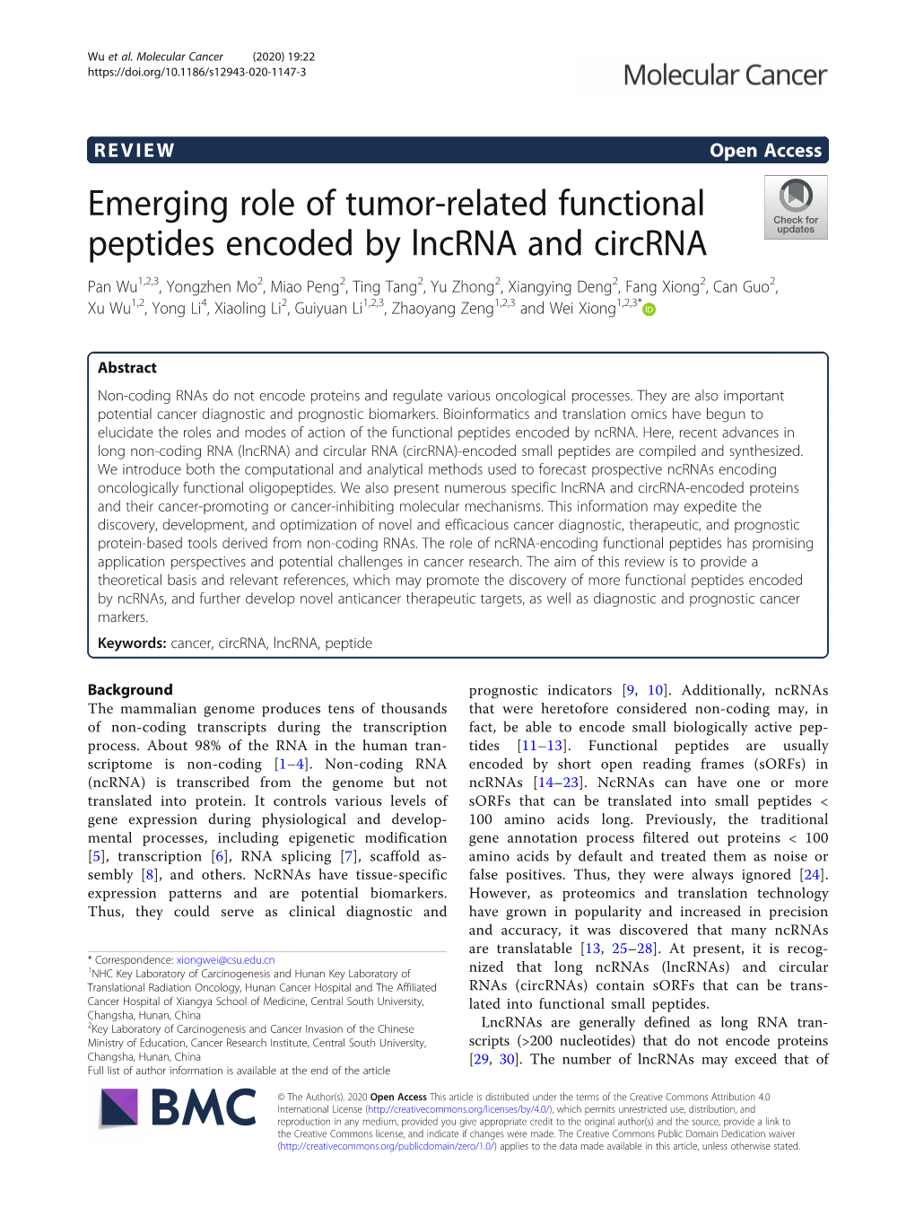 Emerging Role of Tumor-Related Functional Peptides Encoded By