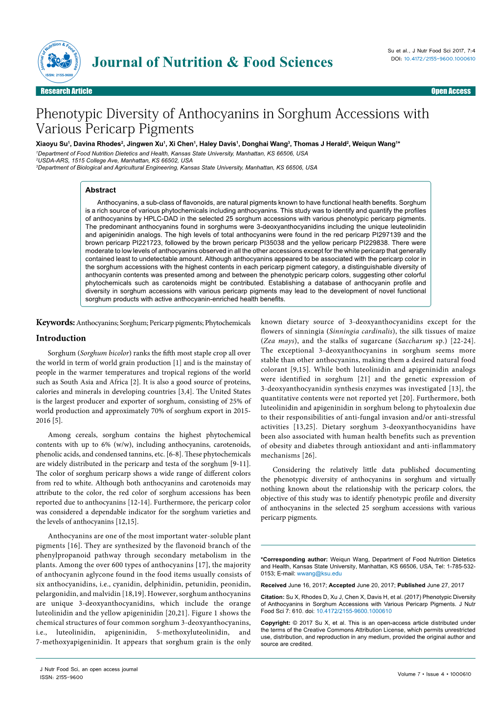 Phenotypic Diversity of Anthocyanins in Sorghum Accessions With