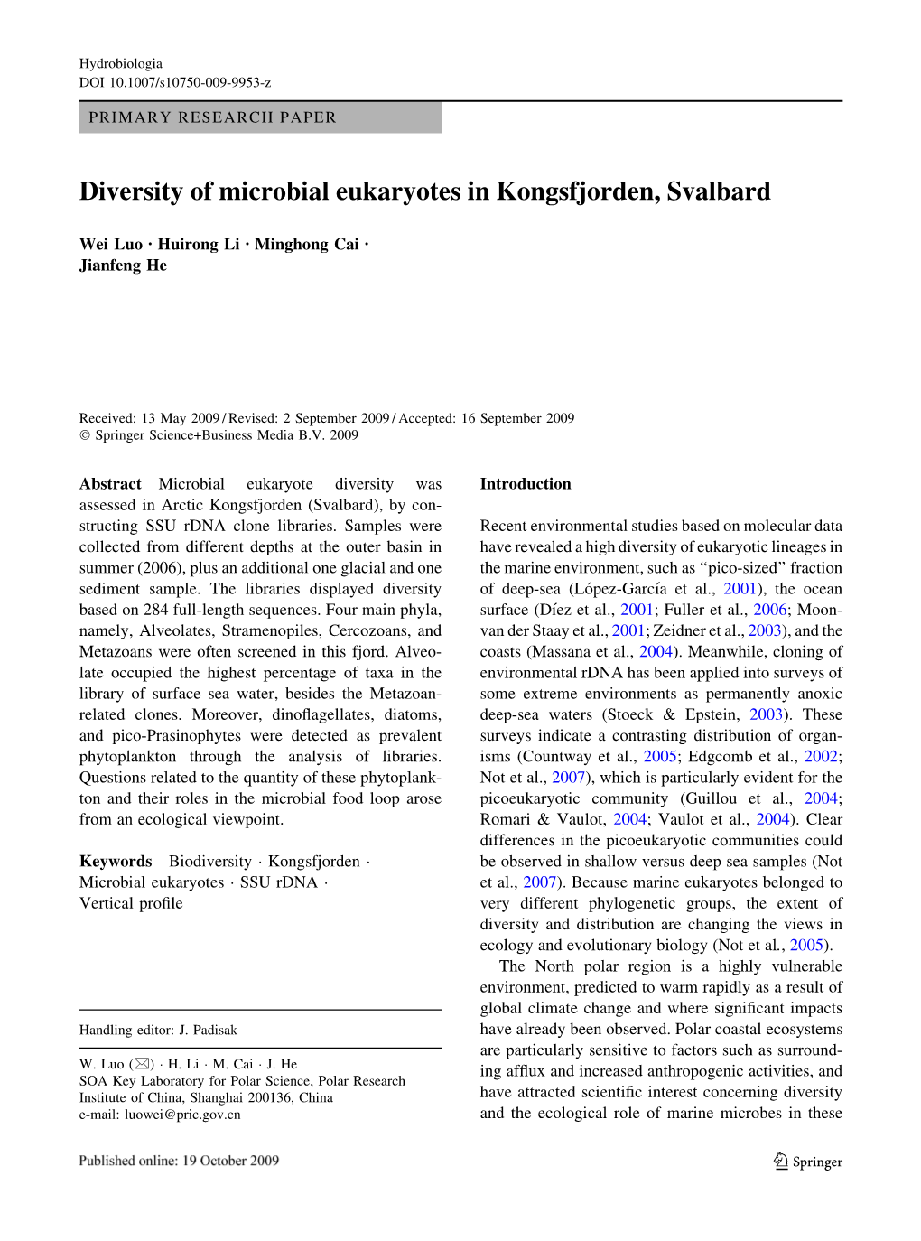 Diversity of Microbial Eukaryotes in Kongsfjorden, Svalbard