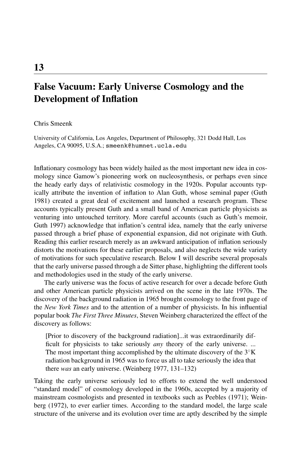 13 False Vacuum: Early Universe Cosmology and the Development of Inﬂation