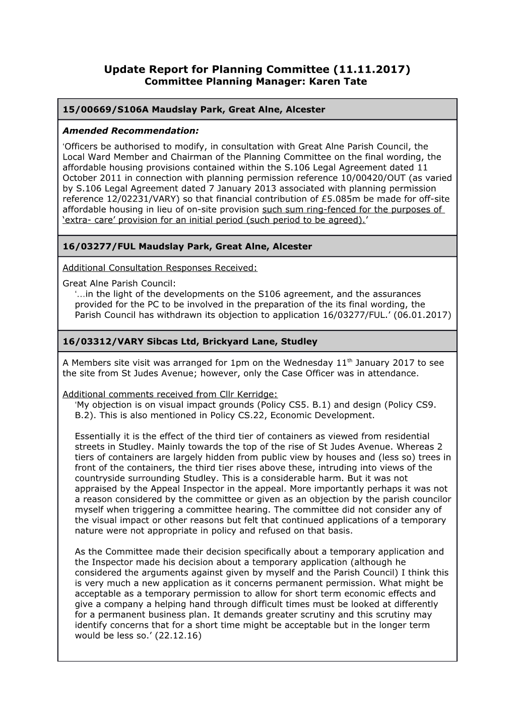 Update Report for Planning Committee (11.11.2017)