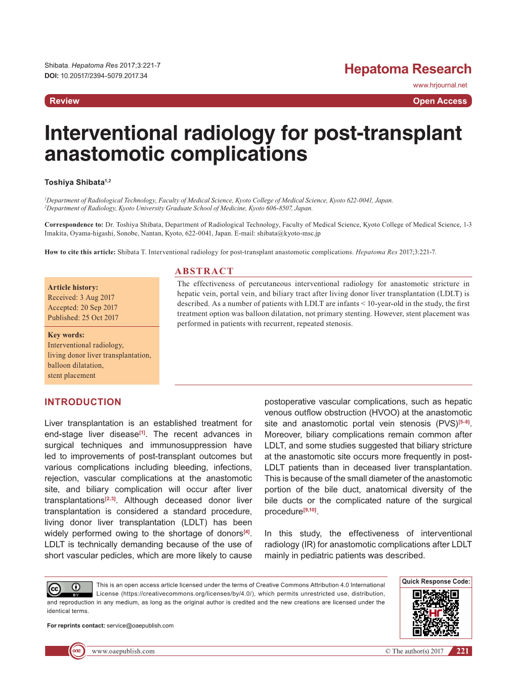 Interventional Radiology for Post-Transplant Anastomotic Complications