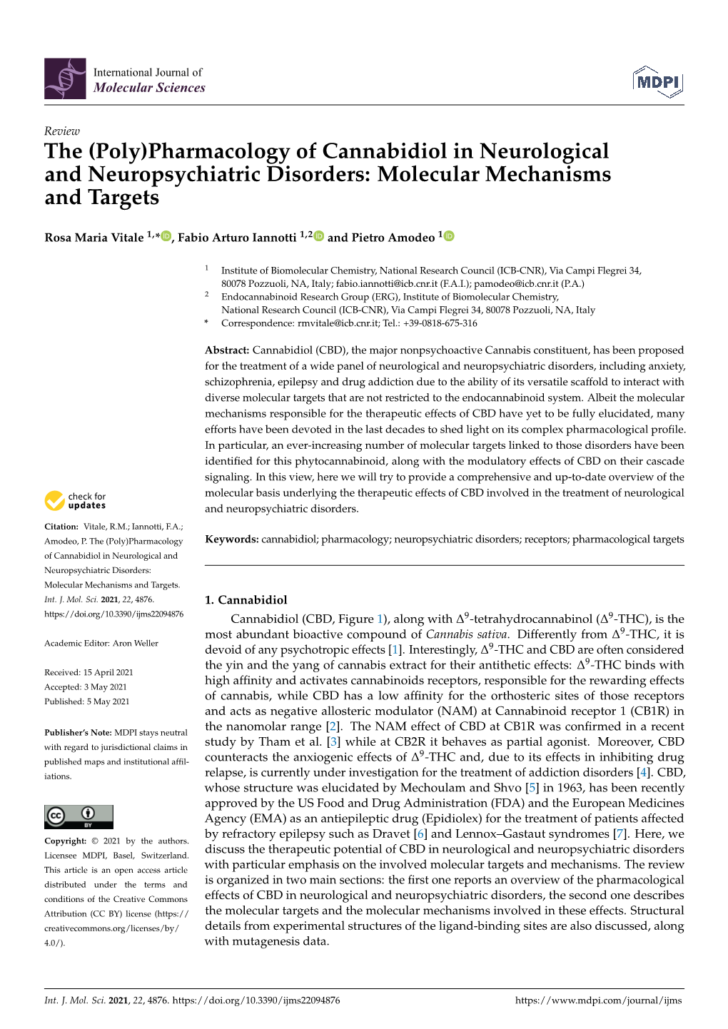 The (Poly)Pharmacology of Cannabidiol in Neurological and Neuropsychiatric Disorders: Molecular Mechanisms and Targets