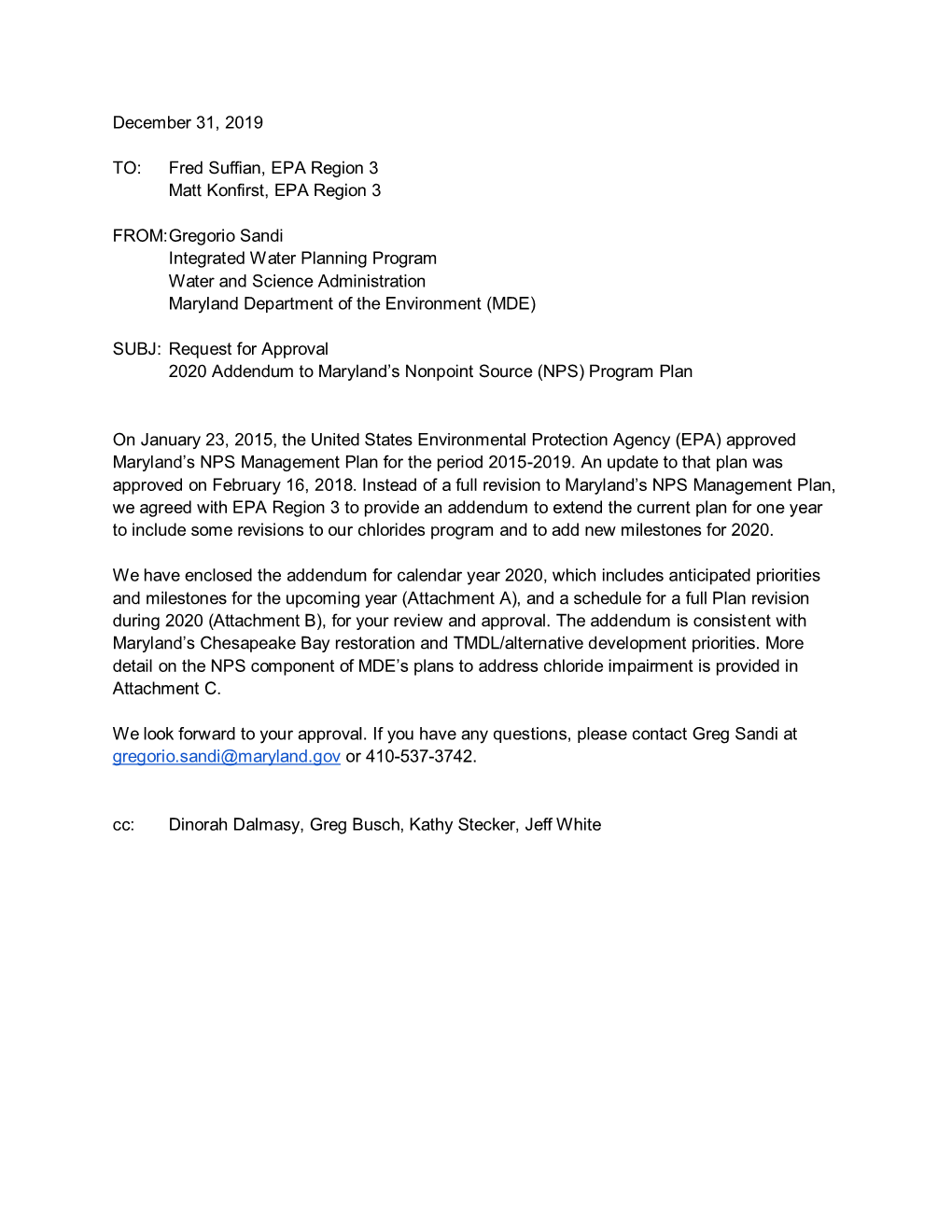 Gregorio Sandi Integrated Water Planning Program Water and Science Administration Maryland Department of the Environment (MDE)
