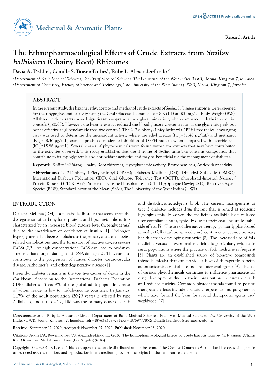 The Ethnopharmacological Effects of Crude Extracts from Smilax Balbisiana (Chainy Root) Rhizomes Davia A