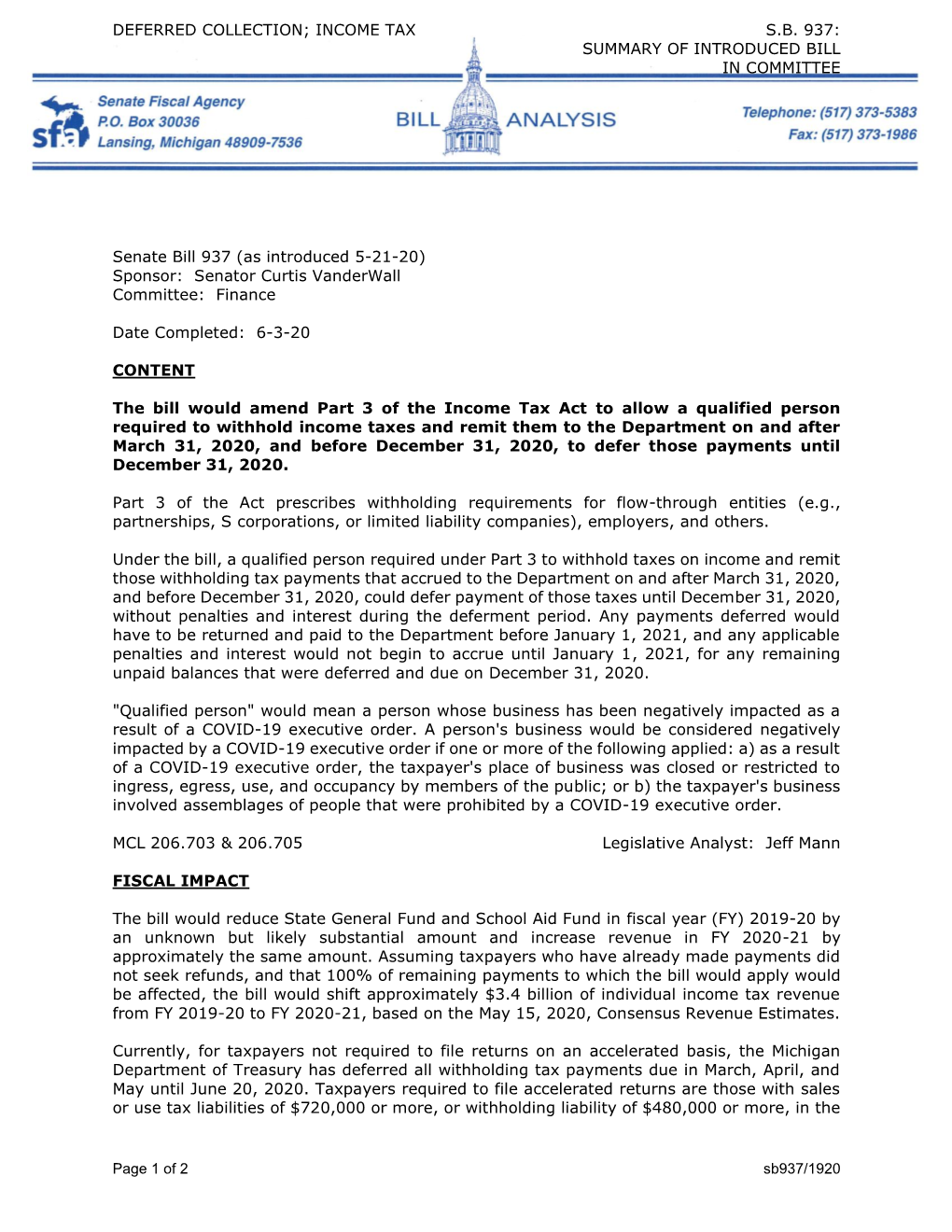 Of 2 Sb937/1920 DEFERRED COLLECTION; INCOME TAX SB