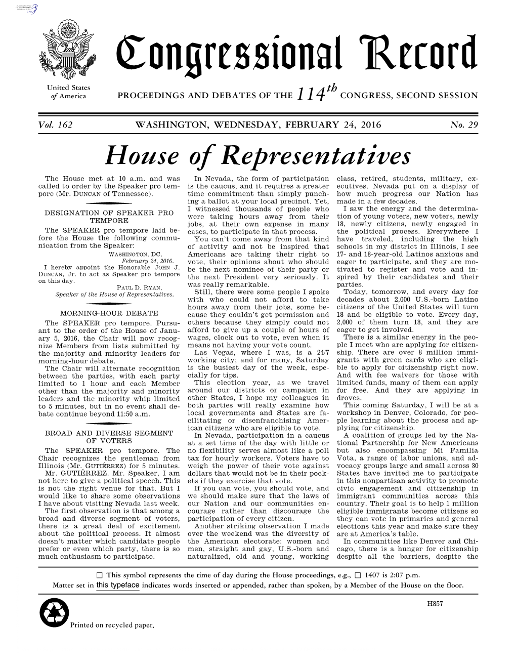 Congressional Record United States Th of America PROCEEDINGS and DEBATES of the 114 CONGRESS, SECOND SESSION