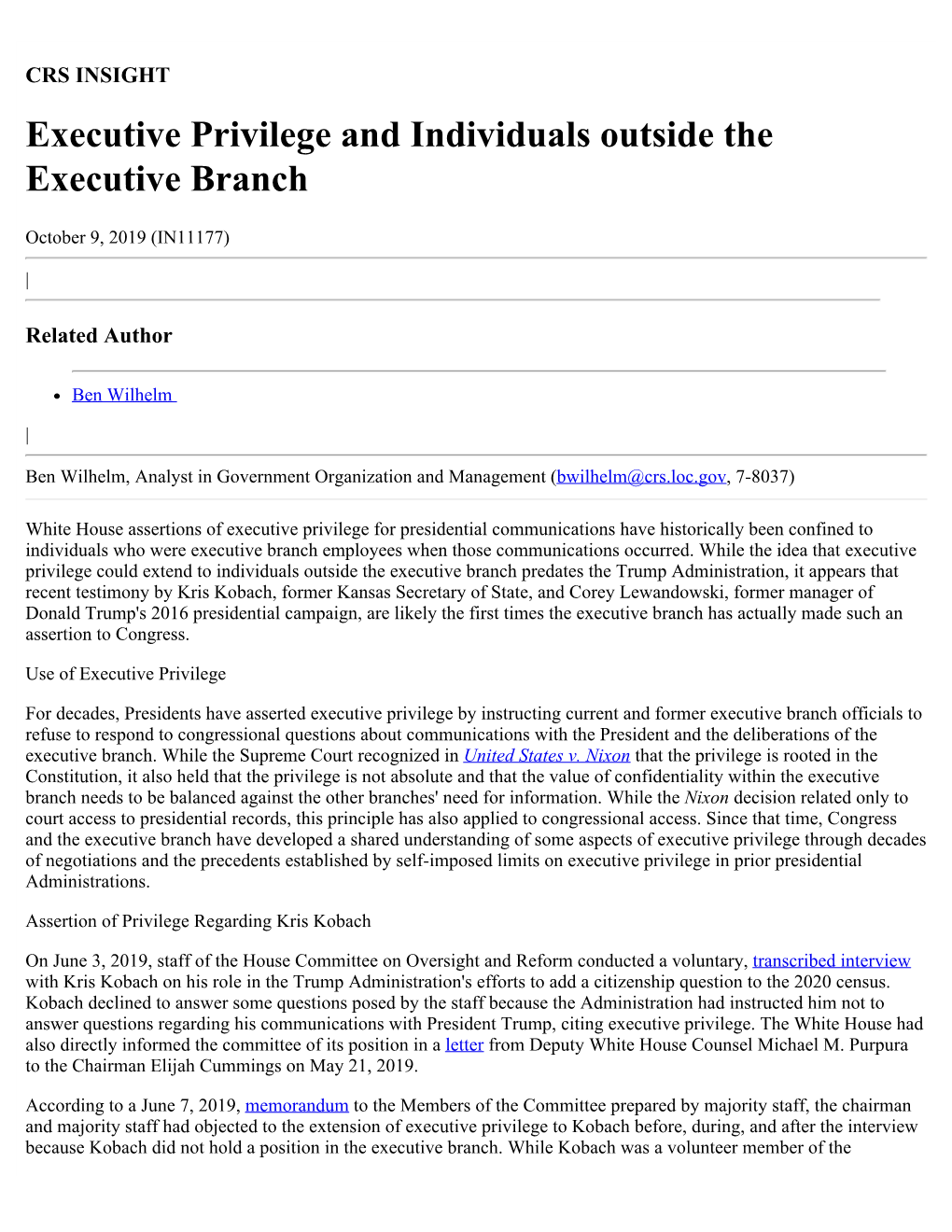 Executive Privilege and Individuals Outside the Executive Branch