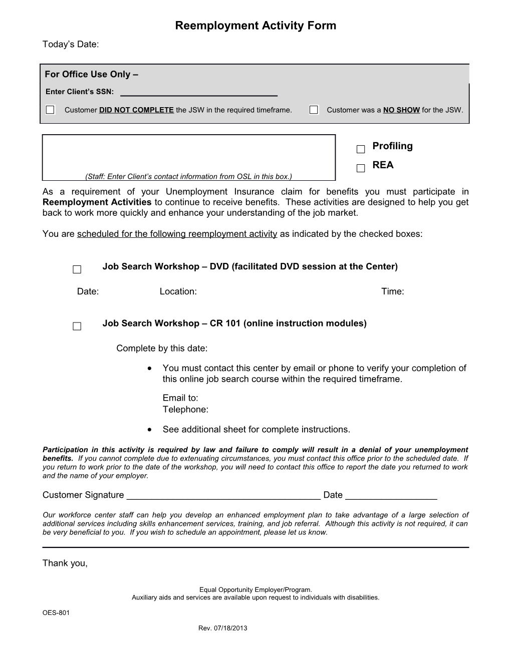 Reemployment Activity Form