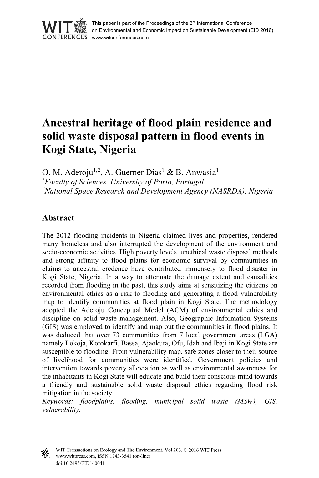 Ancestral Heritage of Flood Plain Residence and Solid Waste Disposal Pattern in Flood Events in Kogi State, Nigeria