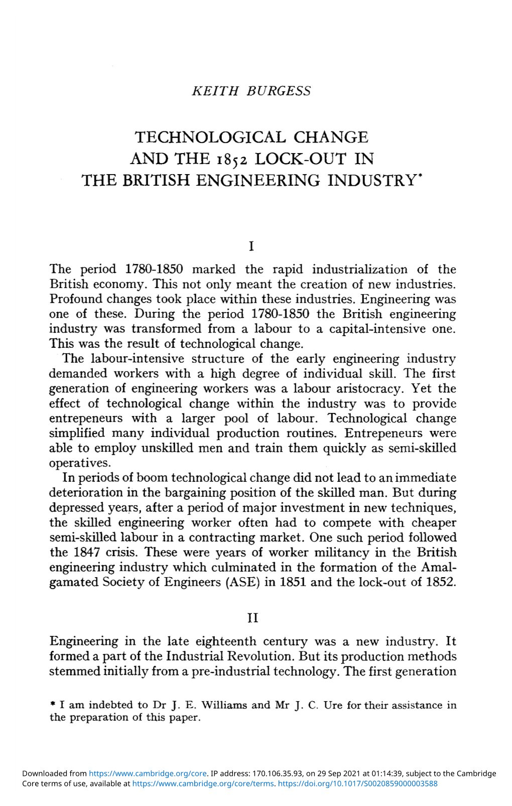 Technological Change and the 1852 Lock-Out in the British Engineering Industry*