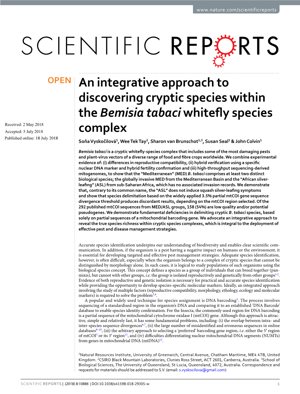 An Integrative Approach to Discovering Cryptic Species Within the Bemisia