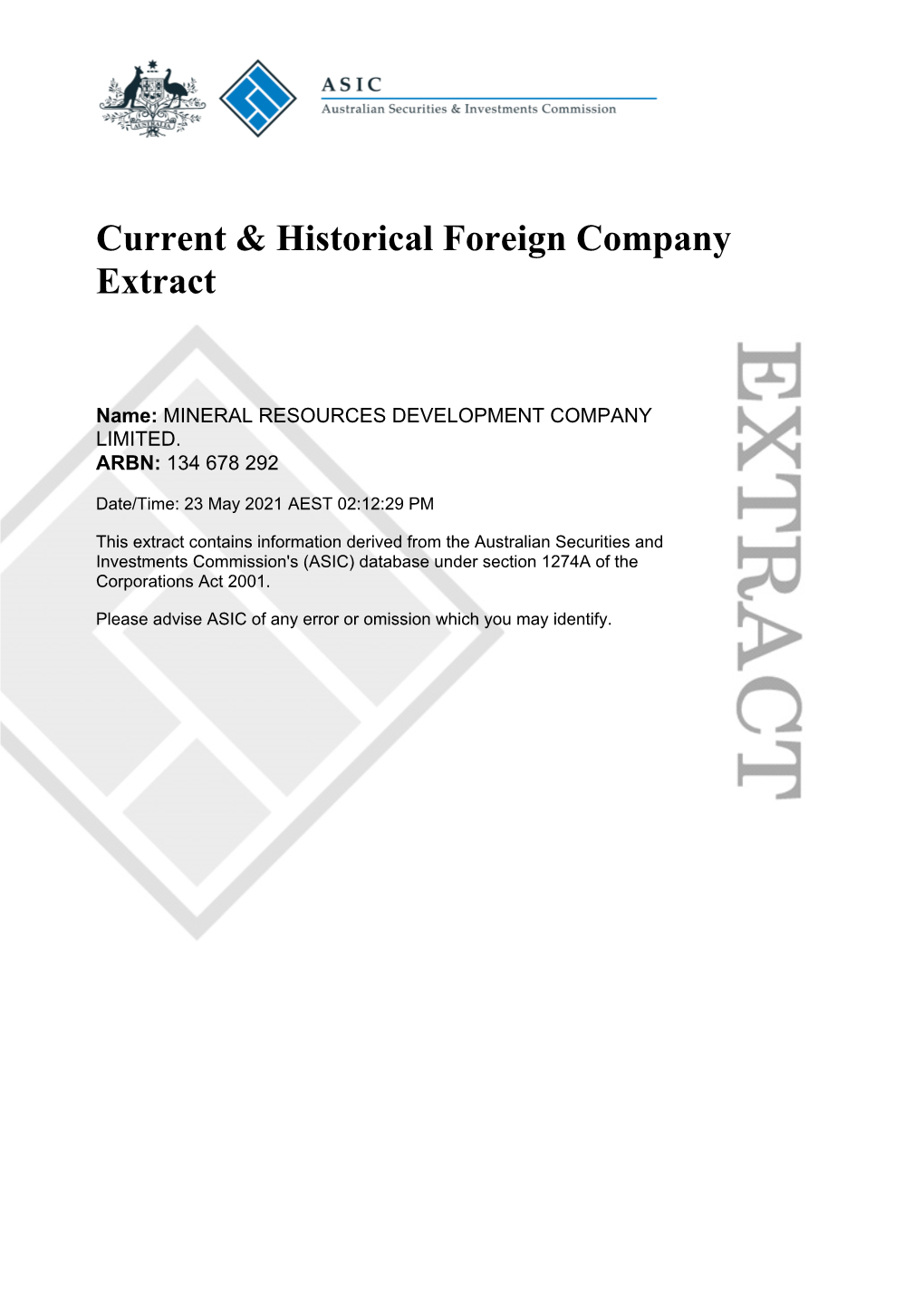 Current & Historical Foreign Company Extract