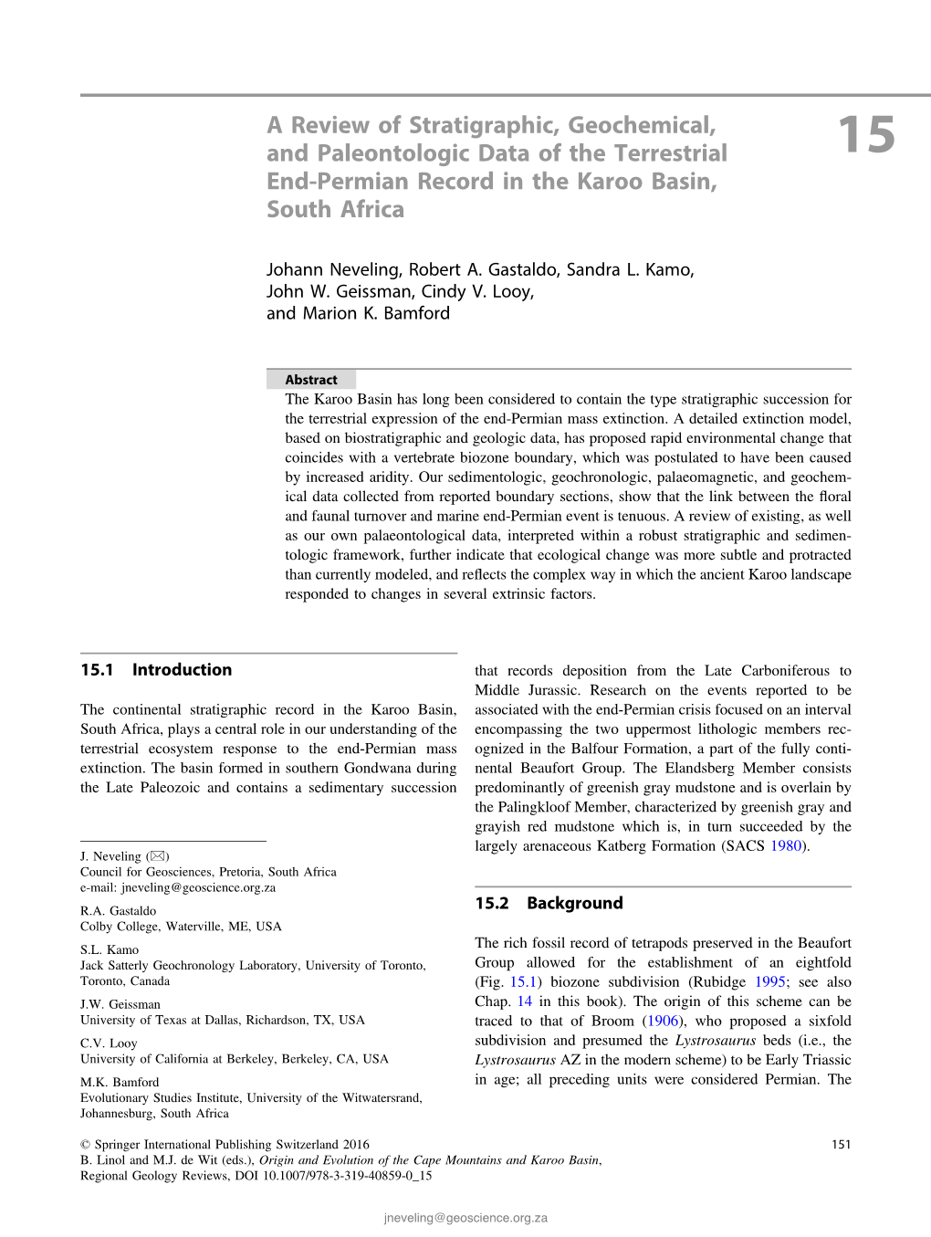 A Review of Stratigraphic, Geochemical, and Paleontologic Data of the Terrestrial 15 End-Permian Record in the Karoo Basin, South Africa