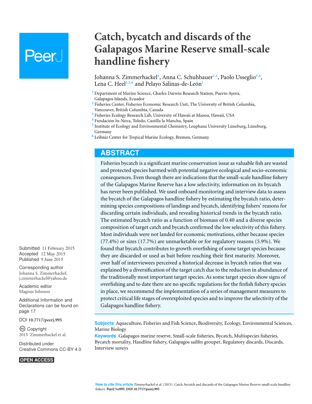 Catch, Bycatch and Discards of the Galapagos Marine Reserve Small-Scale Handline Fishery