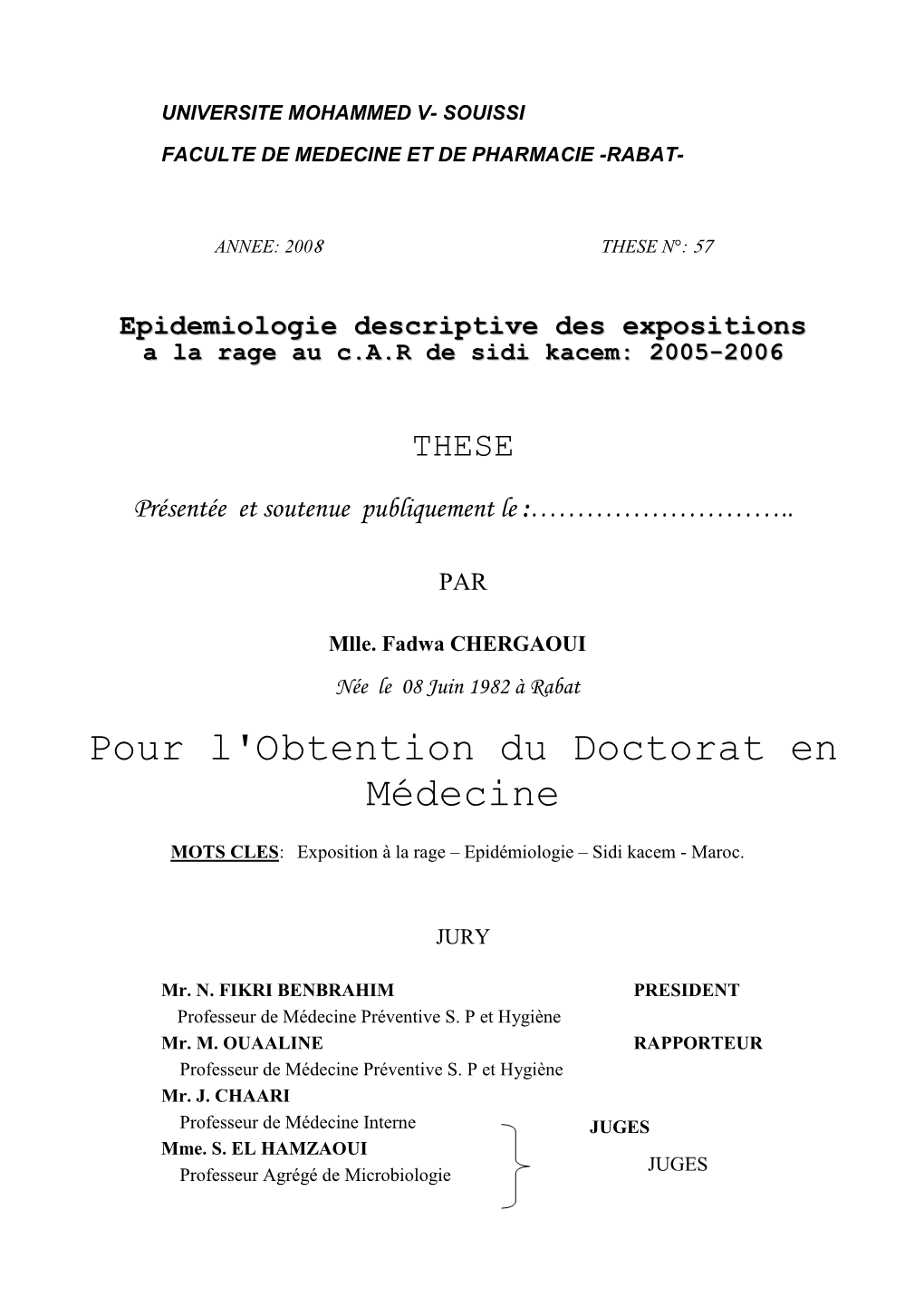 Pour L'obtention Du Doctorat En Médecine