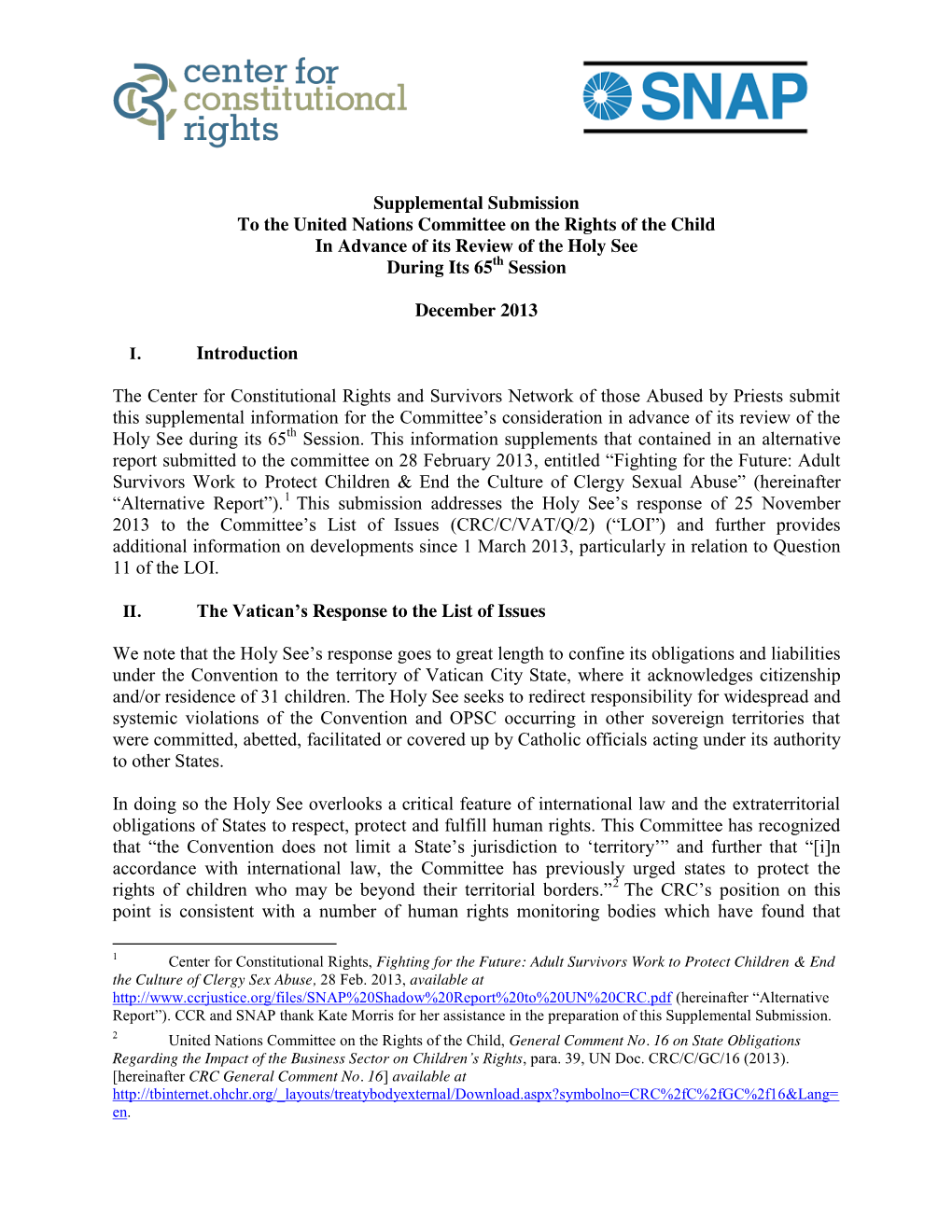 Supplemental Submission to the United Nations Committee on the Rights of the Child in Advance of Its Review of the Holy See During Its 65Th Session