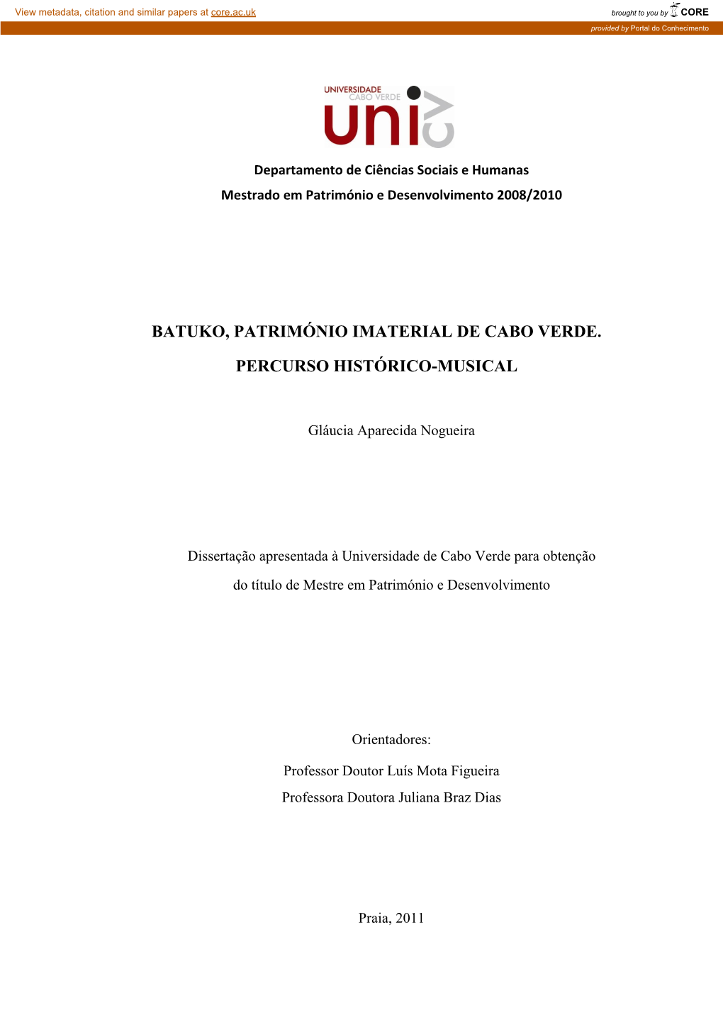 Batuko, Património Imaterial De Cabo Verde. Percurso Histórico-Musical