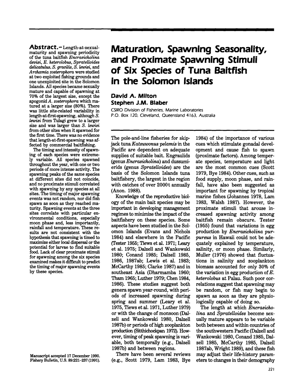 Fishery Bulletin/U S Dept of Commerce National Oceanic and Atmospheric Administration National Marine Fisheries Service V.89