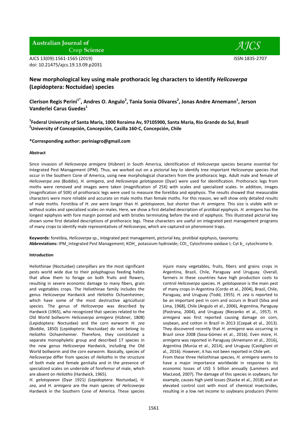 New Morphological Key Using Male Prothoracic Leg Characters to Identify Helicoverpa (Lepidoptera: Noctuidae) Species