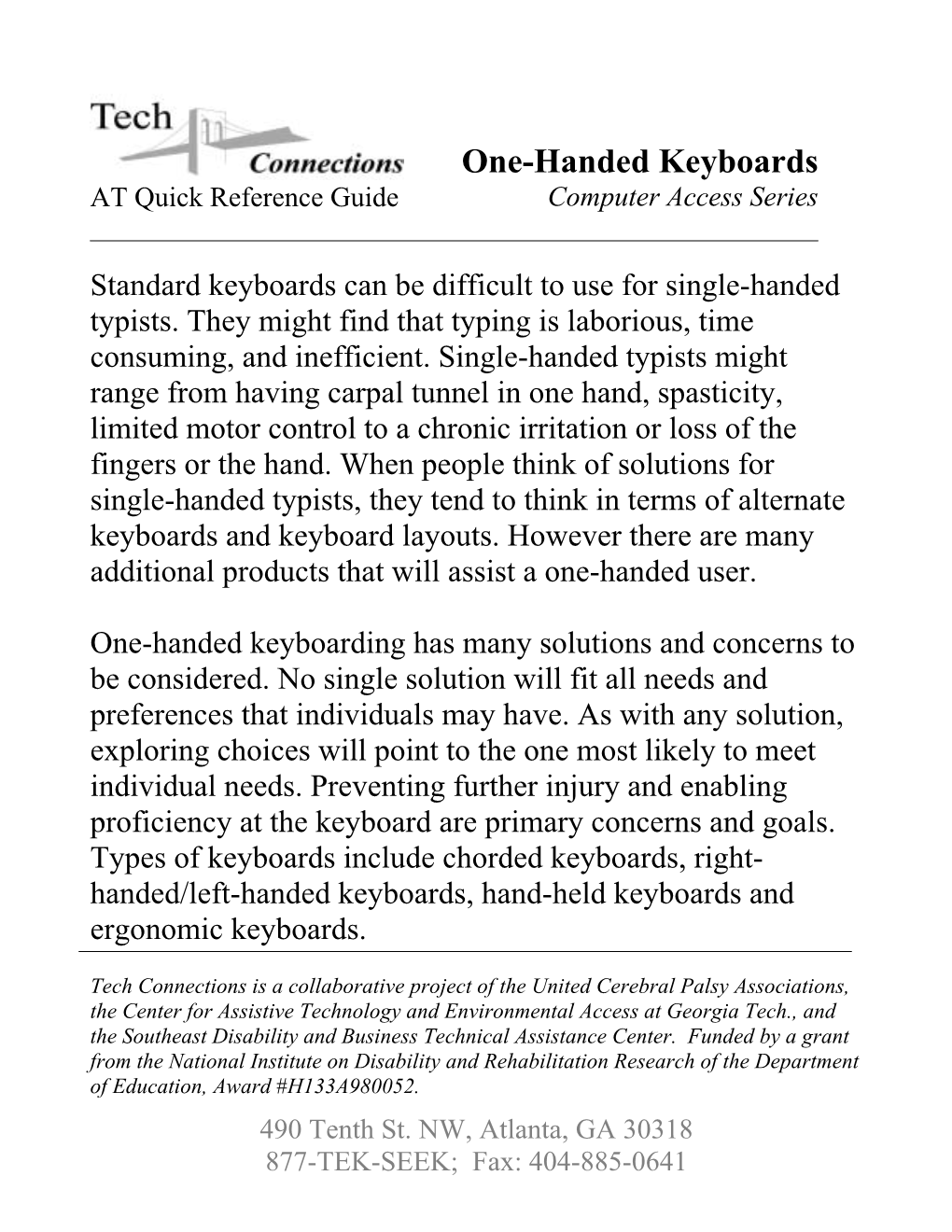 One-Handed Keyboards at Quick Reference Guide Computer Access Series