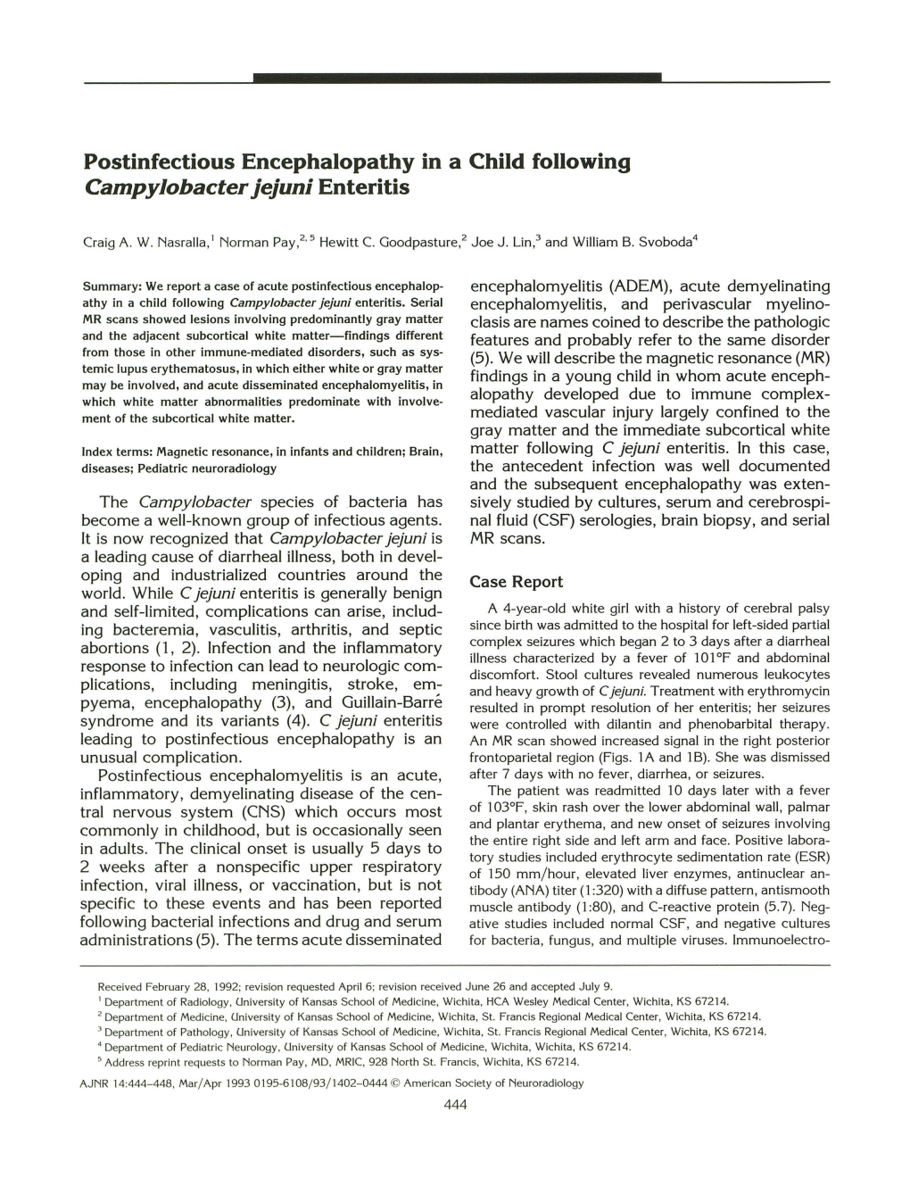 Postinfectious Encephalopathy in a Child Following Campylobacter Jejuni Enteritis
