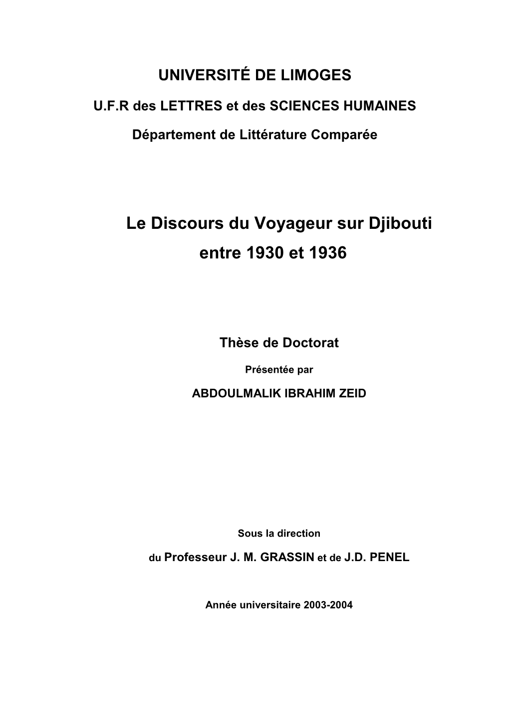 Le Discours Du Voyageur Sur Djibouti Entre 1930 Et 1936