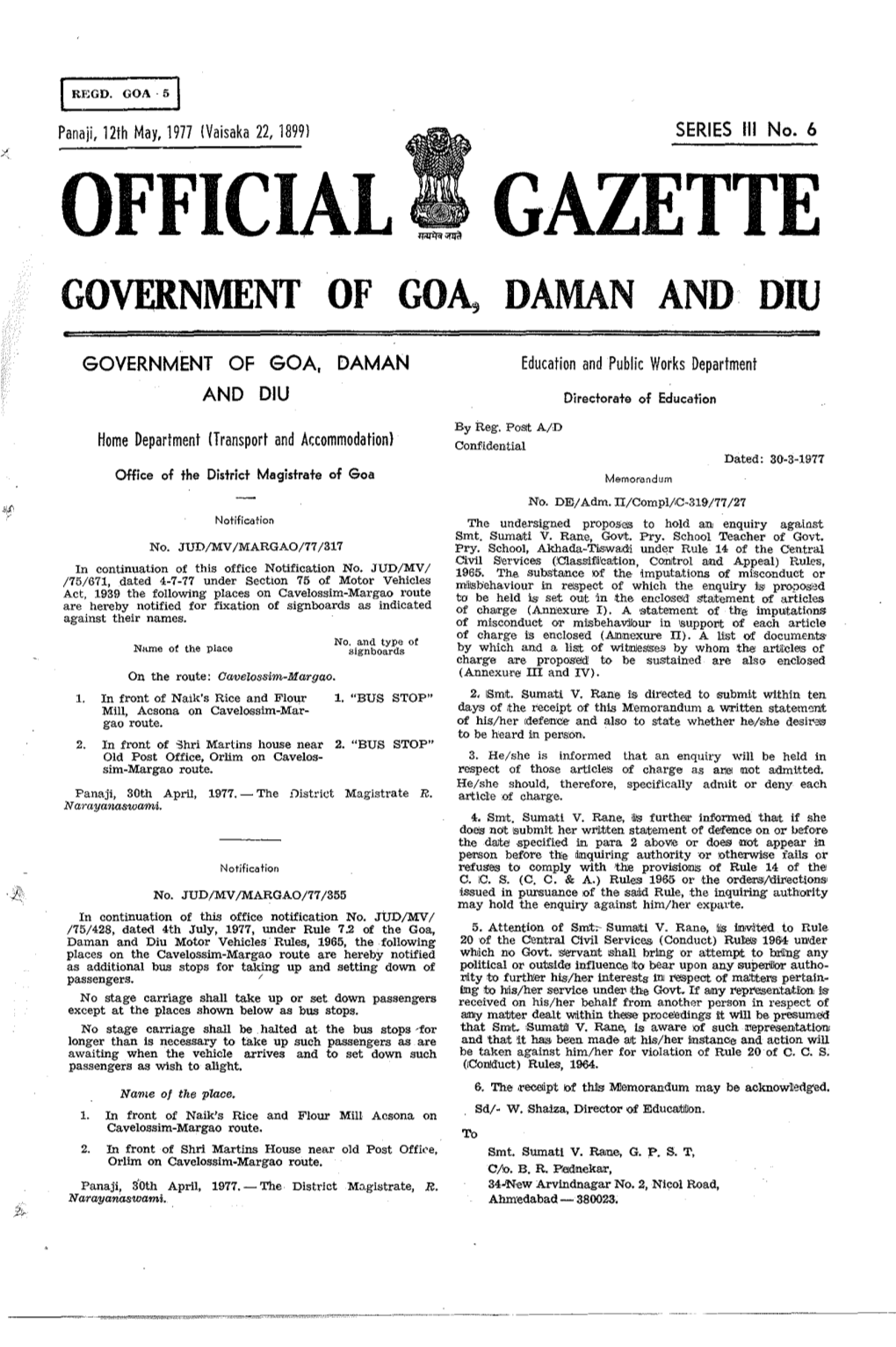Official Gazette Government of Goa, Daman And· Diu