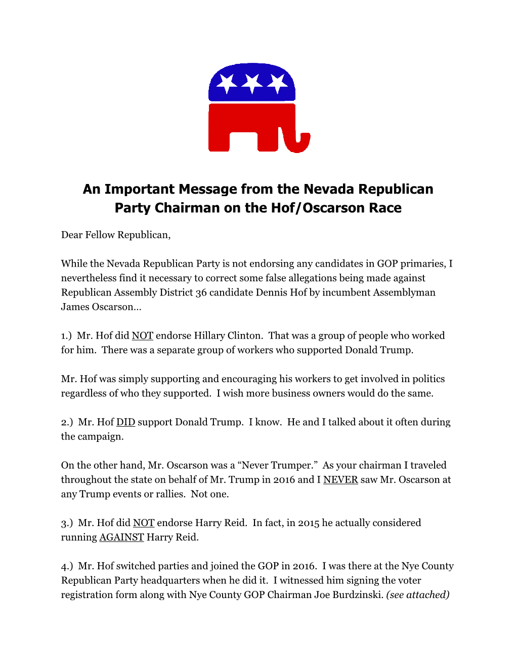 An Important Message from Party Chairman on the Ortant Message from the Nevada Republican Rty Chairman on the Hof/Oscarson Race