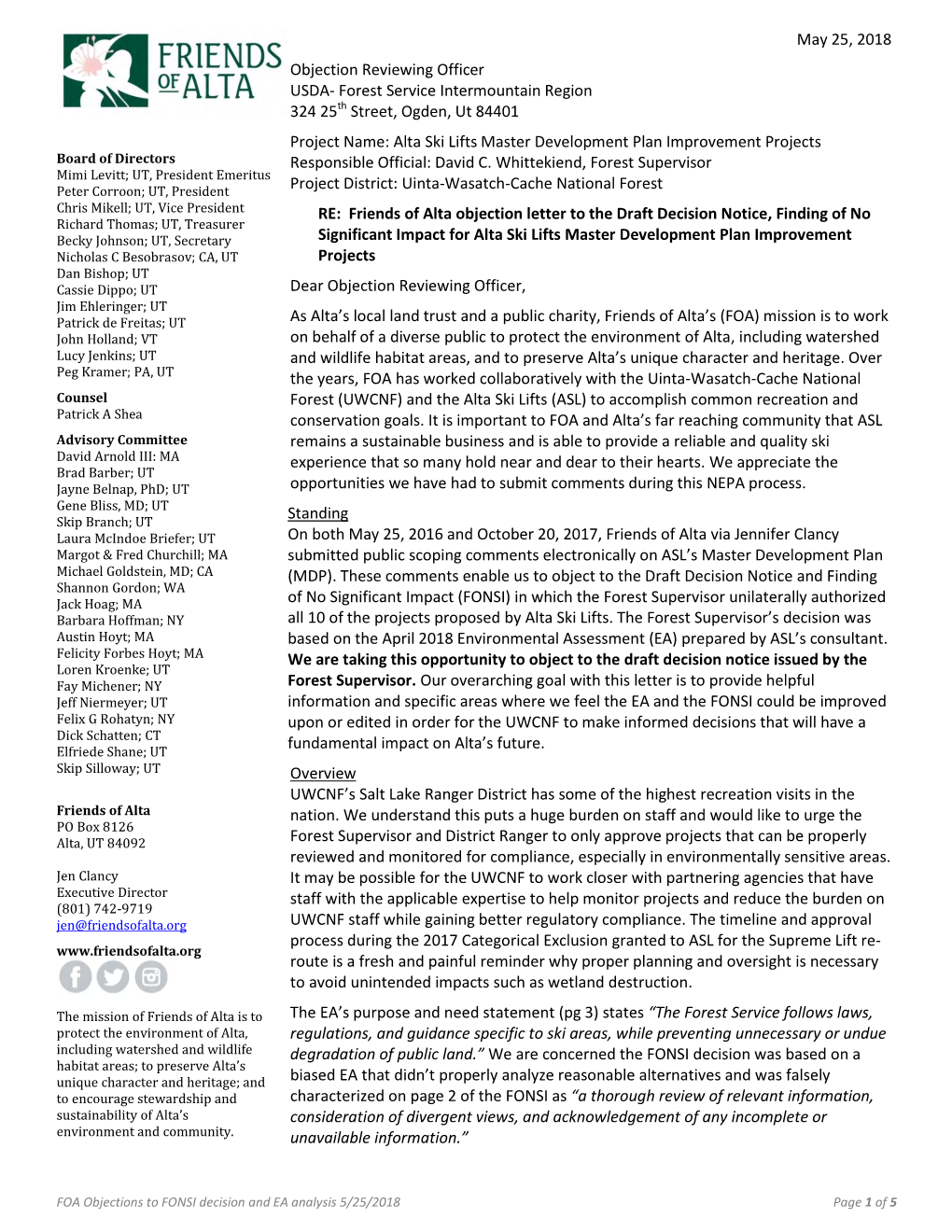 May 25, 2018 Objection Reviewing Officer USDA- Forest Service Intermountain Region 324 25Th Street, Ogden, Ut 84401 Project Name