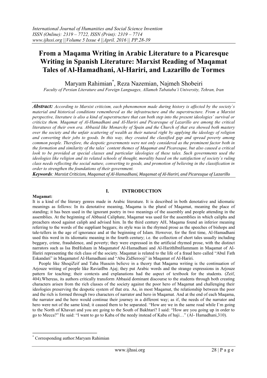 Marxist Reading of Maqamat Tales of Al-Hamadhani, Al-Hariri, and Lazarillo De Tormes