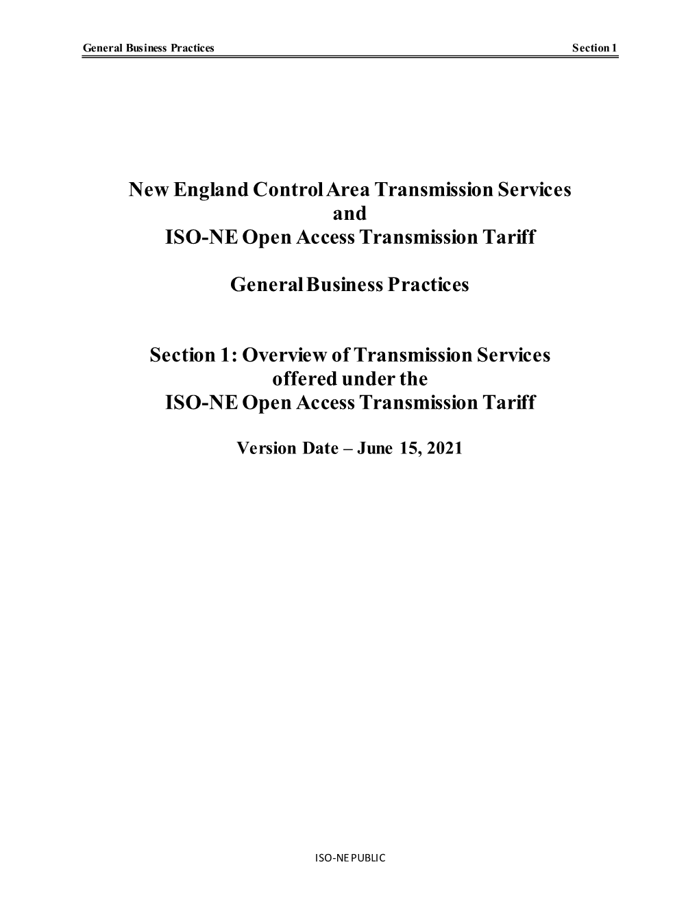New England Control Area Transmission Services and ISO-NE Open Access Transmission Tariff