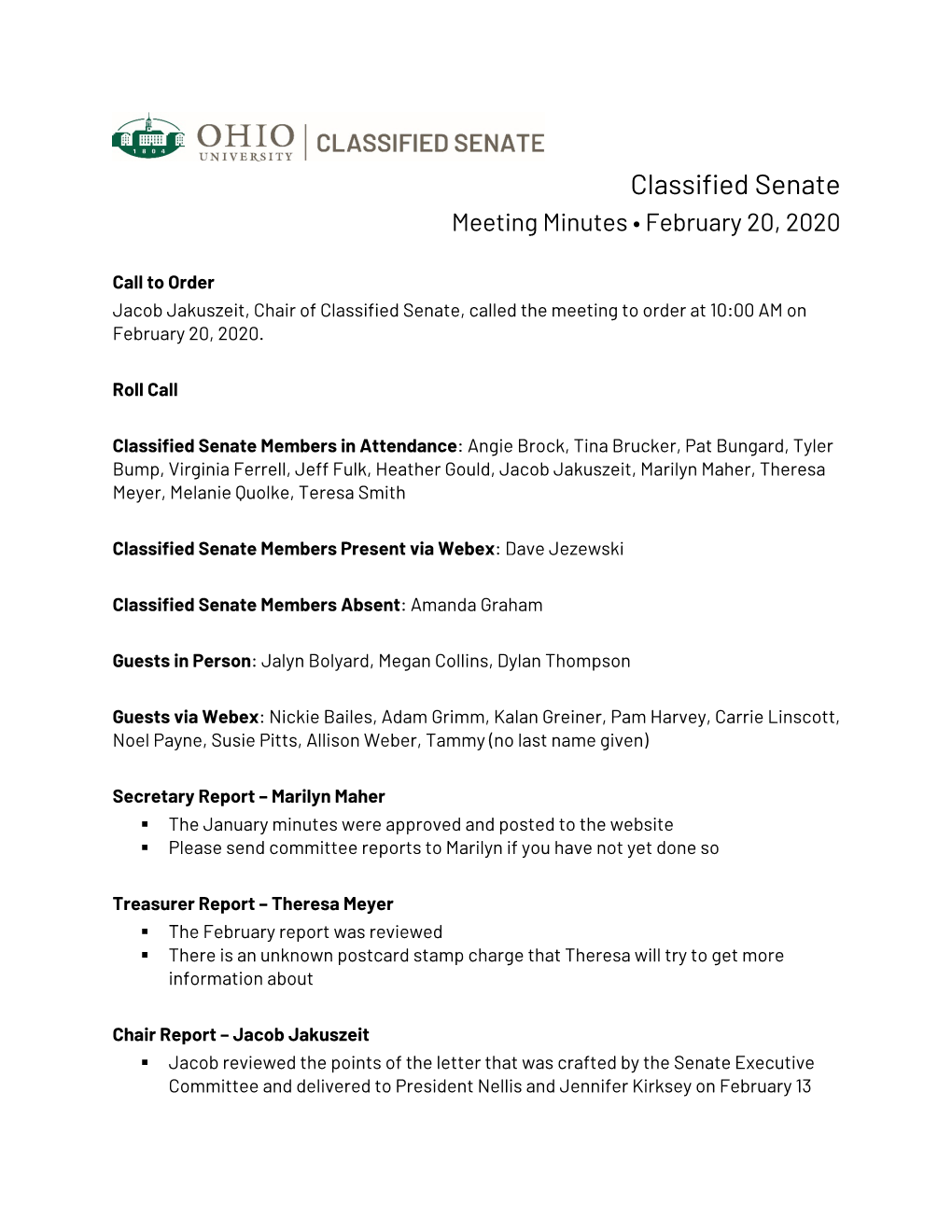Classified Senate Meeting Minutes • February 20, 2020