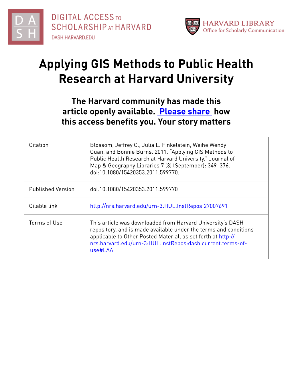 Applying GIS Methods to Public Health Research at Harvard University