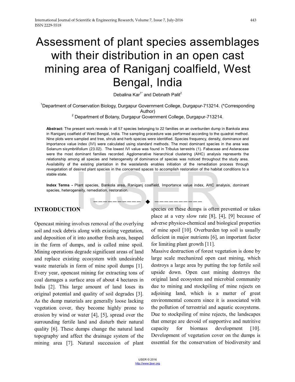 Assessment of Plant Species Assemblages with Their Distribution in an Open Cast Mining Area of Raniganj Coalfield, West Bengal