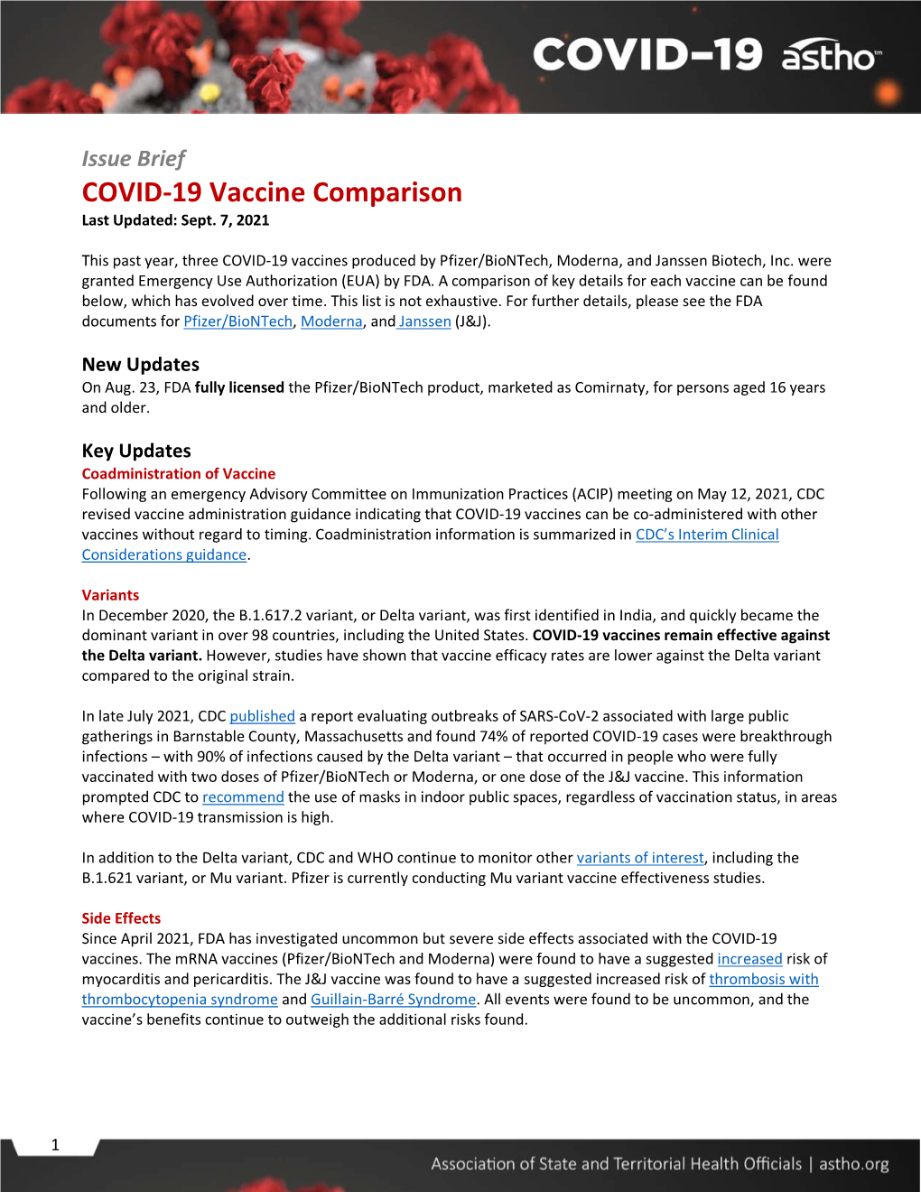 Issue Brief COVID-19 Vaccine Comparison Last Updated: Sept